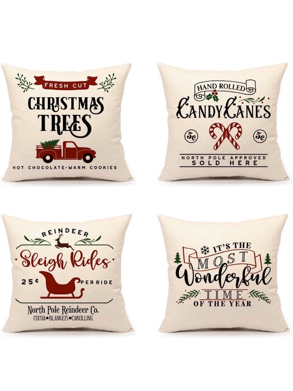Christmas Holiday Decorative Throw Pillow Covers - Neutral Red Green Set of Four